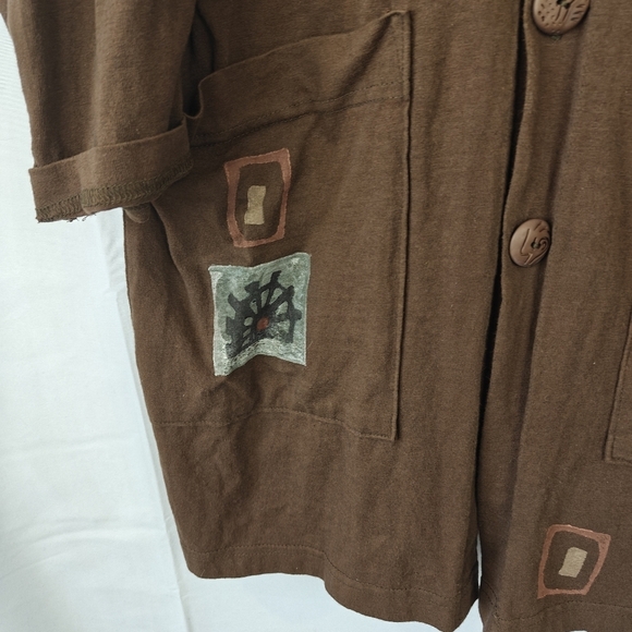VTG Rare Blue Fish Hand Painted Cotton Brown Button Up Jacket Size 2 Women's - Picture 5 of 15